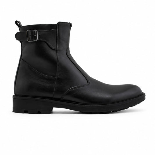 Bottines Zippées en Cuir: Noir à Boucle