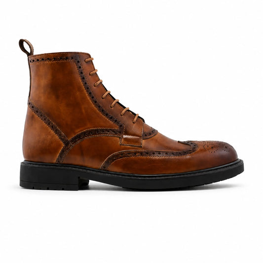 Bottines Brogues à Lacets en Cuir: Tabac Patiné