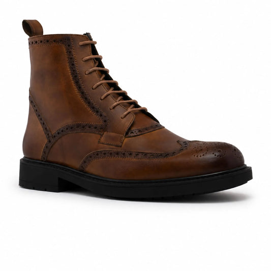 Bottines Brogues à Lacets en Cuir: Tabac Patiné