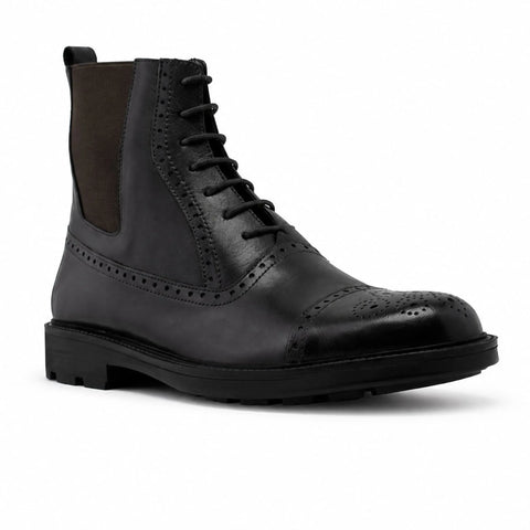 Bottines Chelsea à Lacets en Cuir: Noir Brogue
