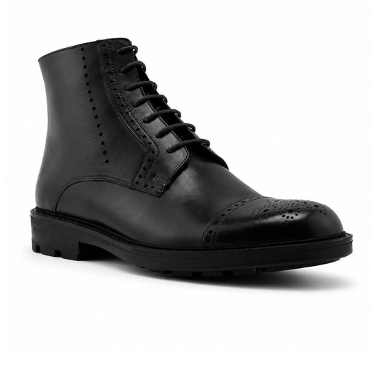 Bottines Derby en Cuir: Noir à Bout Fleuri